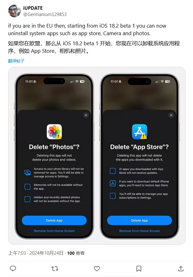 惠阳苹果手机维修分享iOS 18.2 支持删除 App Store 应用商店 